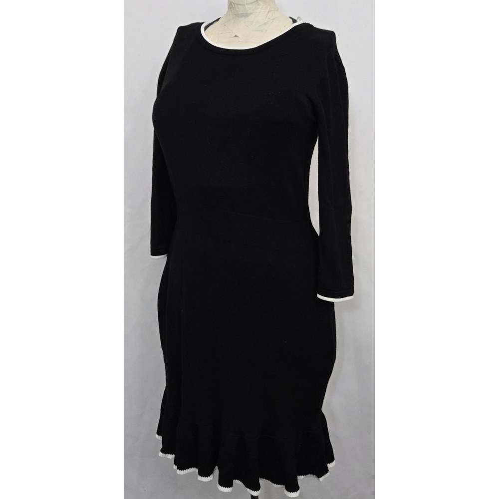 BCX Womens S Sweater Dress Knit Black White Trim 3/4 Sleeve Ruffle Career